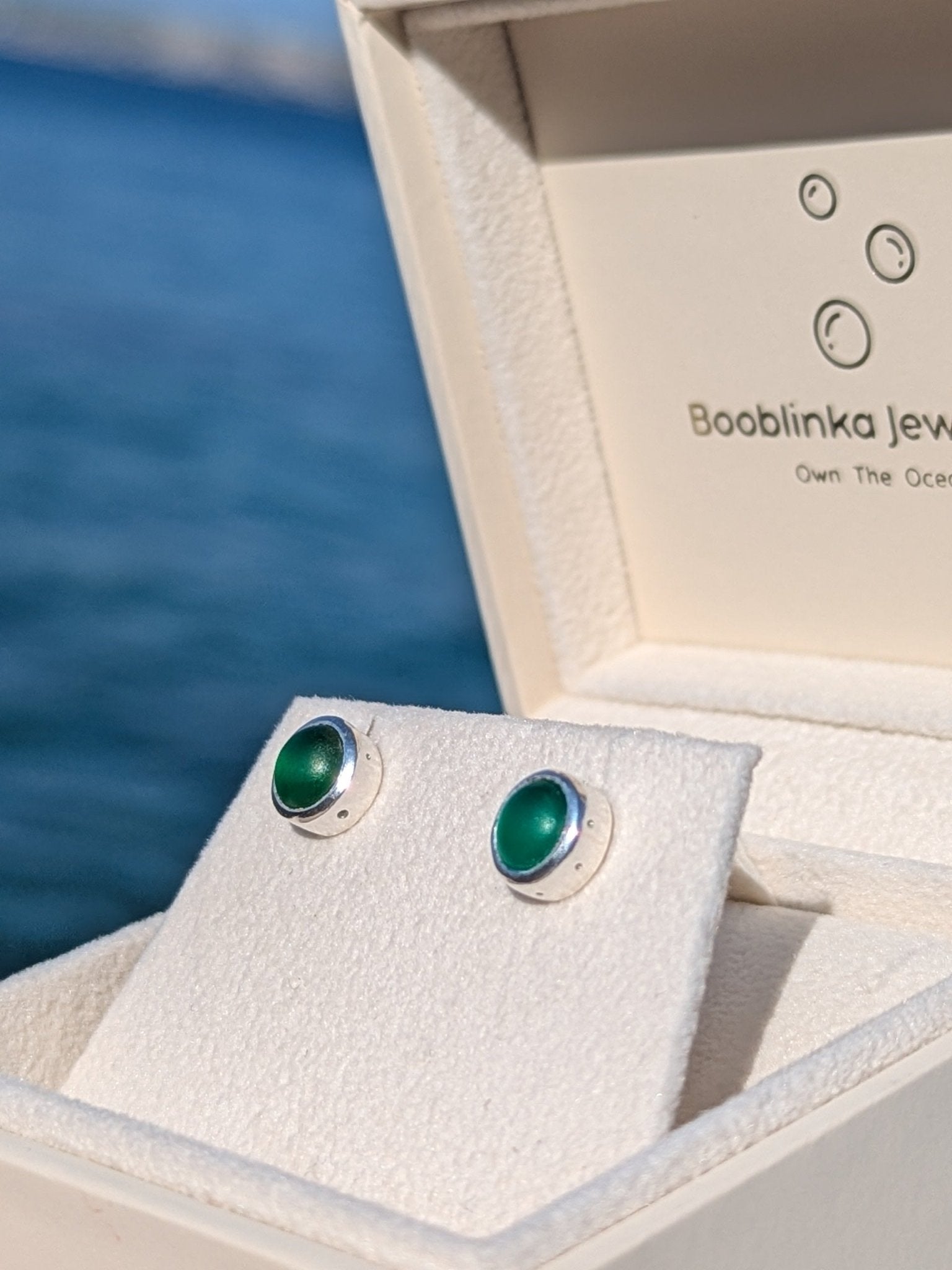 Green Sea Glass Stud Earrings in Sterling SilverEarringsBooblinka Jewellery