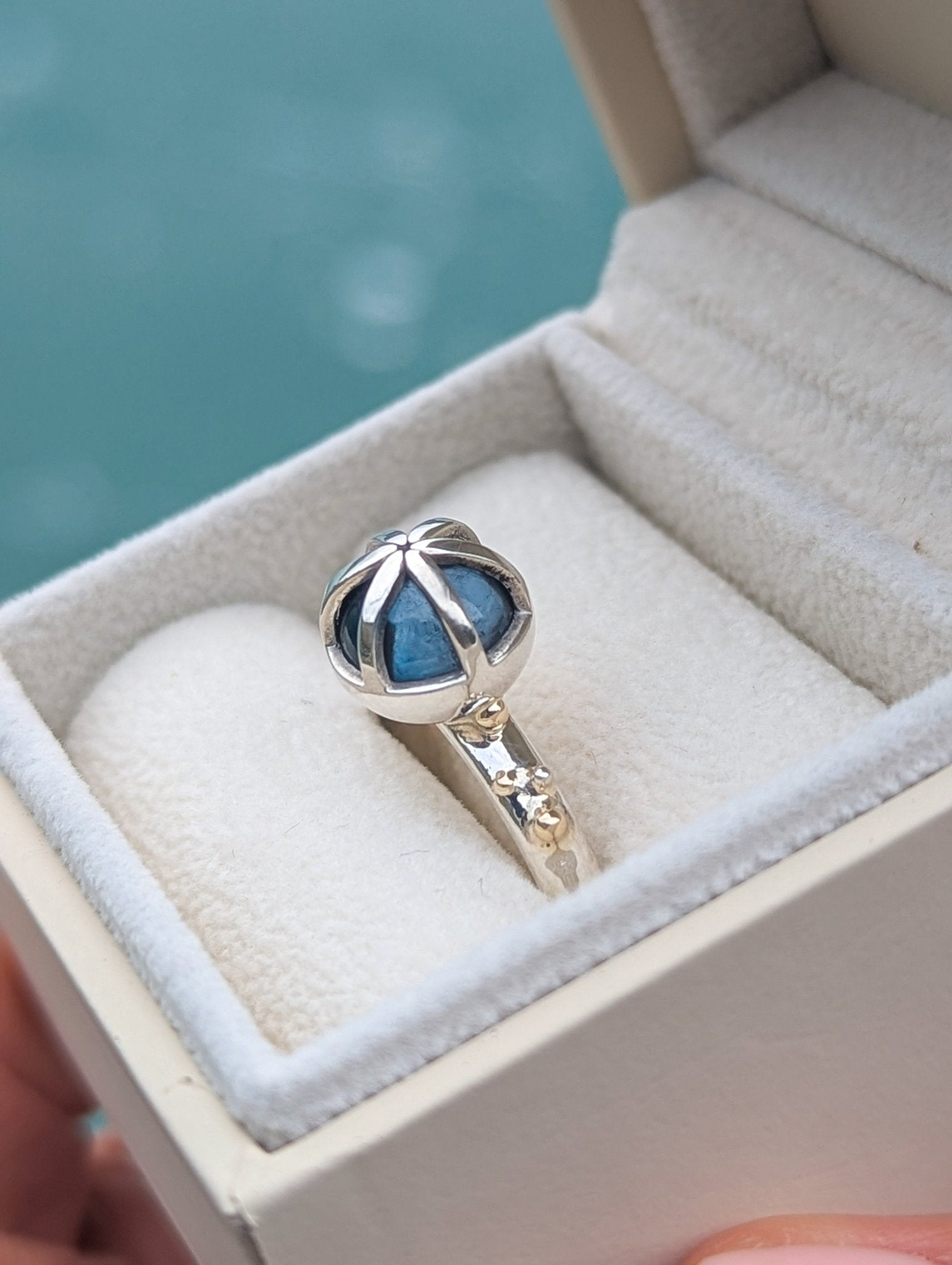 London Blue Topaz Statement Ring in Sterling Silver & 9ct Gold – Size P 1/2RingsBooblinka Jewellery