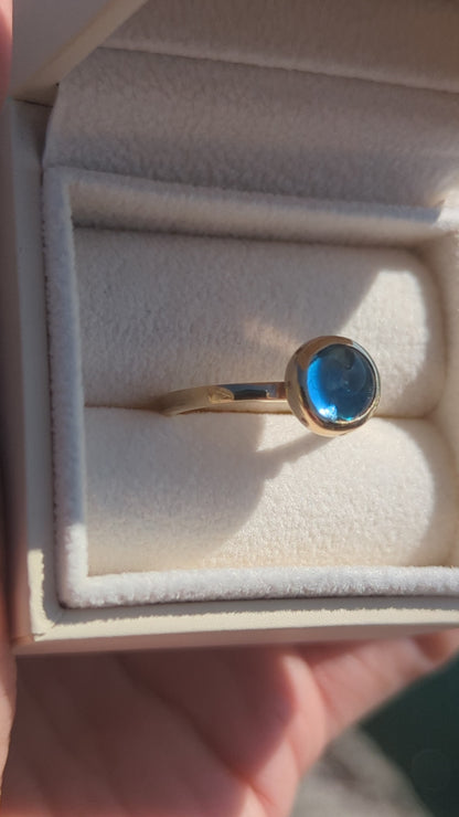Swiss Blue Topaz Cabochon & Diamond Gold Ring