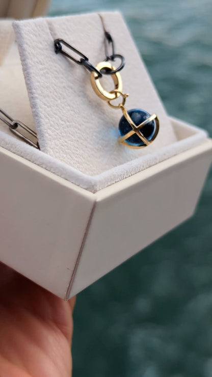 9ct Gold Swiss Blue Topaz Sphere Necklace with 9ct Gold Charm Holder – Ready to Ship