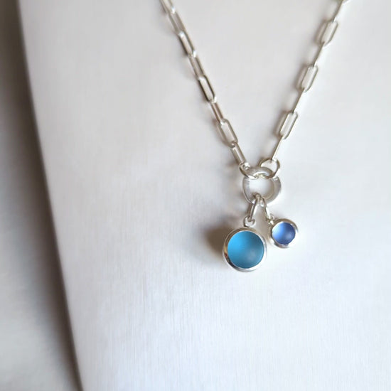 Silver paperclip chain with connector and two blue sea glass charms made by Booblinka Jewellery