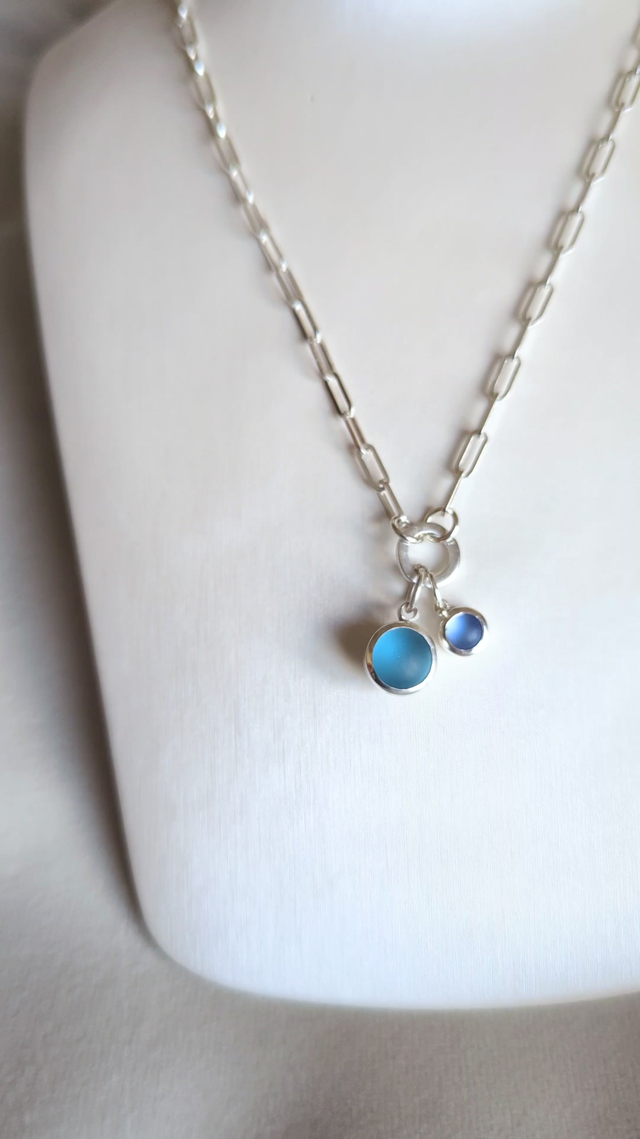 Silver paperclip chain with connector and two blue sea glass charms made by Booblinka Jewellery