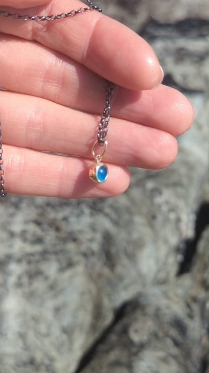 Vibrant Blue Sea Glass & Gold Pendant on Oxidised Silver Chain