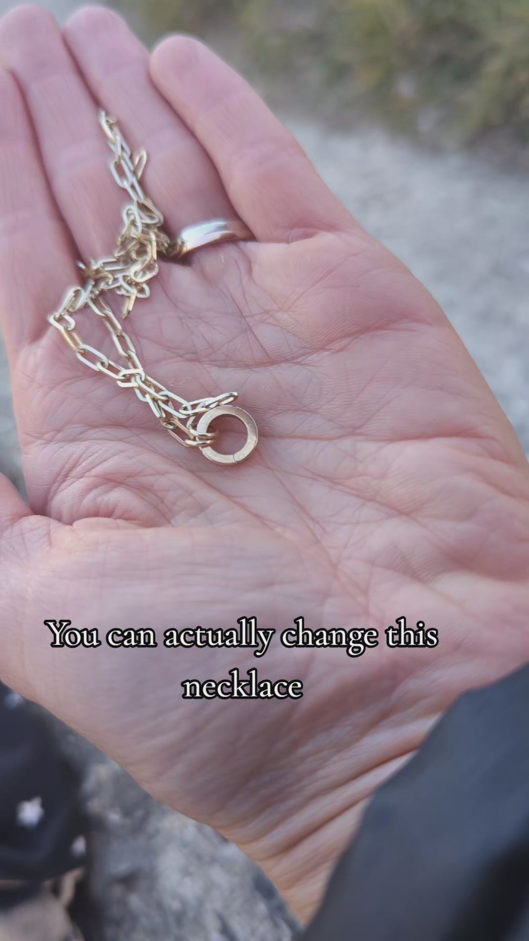 Video showing how the gold connector works - it is a hinged ring you can add different charms on a gold paperclip chain.