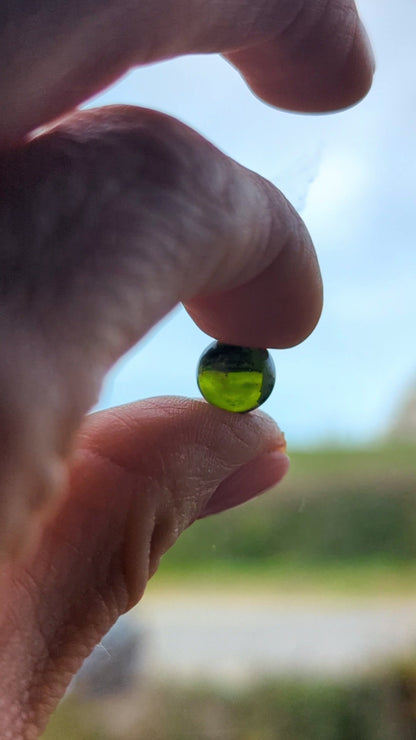 Green Moldavite Sphere Necklace – 9ct Gold Cage & Silver Chain (Made to Order for Mary)