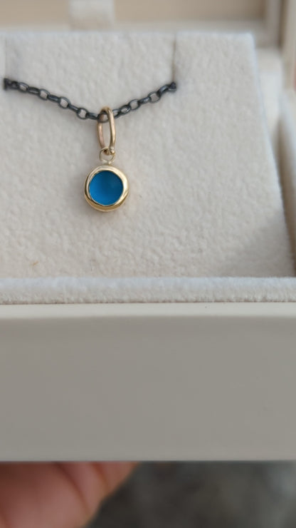 Vibrant Blue Sea Glass & Gold Pendant on Oxidised Silver Chain