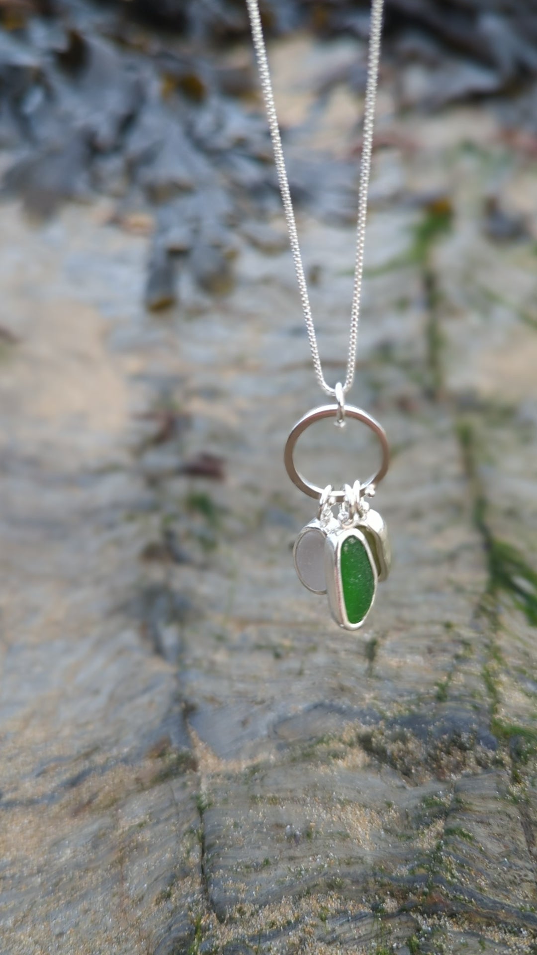 Silver white and green sea glass cluster necklace by Booblinka Jewellery