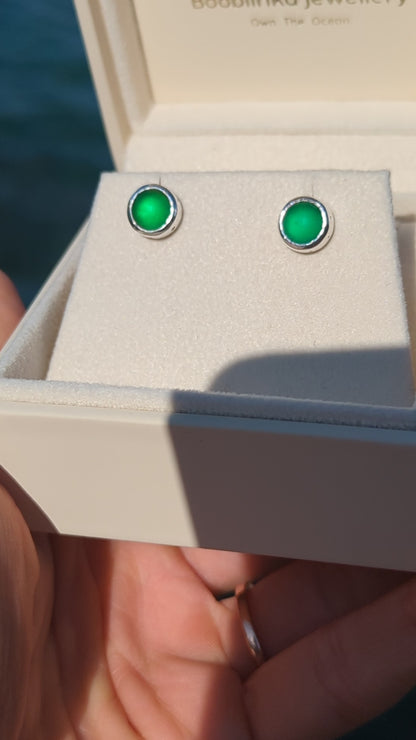 Green Sea Glass Stud Earrings in Sterling Silver