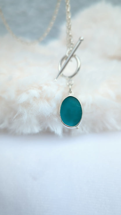 Reversible Deep Teal Silver Sea Glass Necklace - ALLURE Collection
