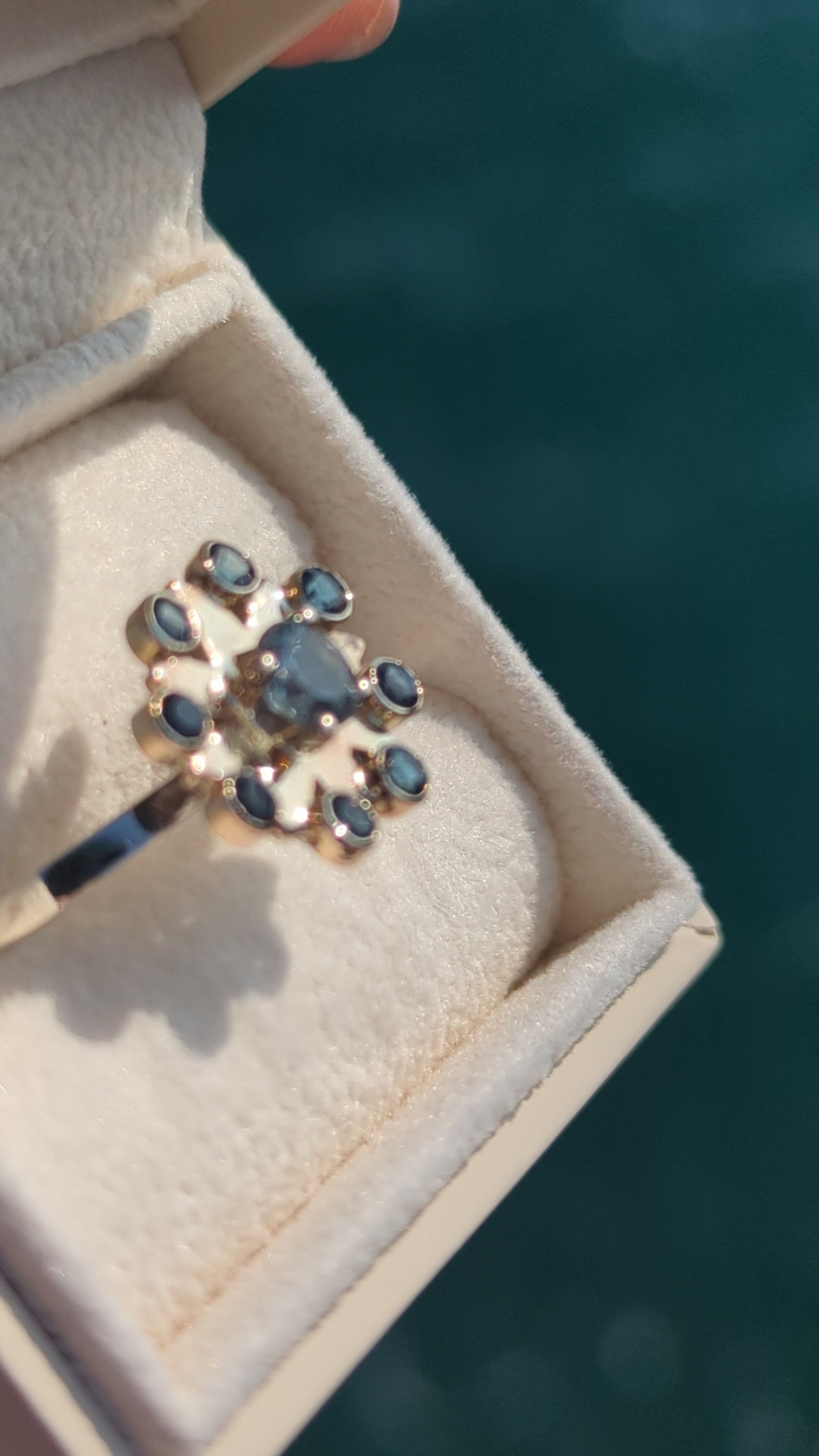 Cluster flower gold and silver Ring with blue Topaz gemstones in an ivory plush jewellery box made by Booblinka Jewellery