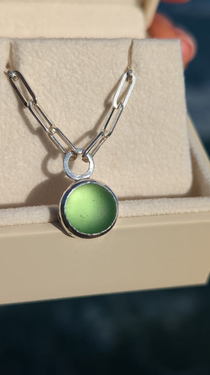 Green Sea Glass Necklace – Sterling Silver with Paperclip Chain