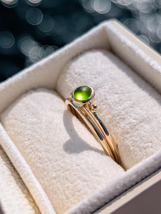9ct Gold Stacking Rings with Green Sea Glass – Engagement & Wedding Set