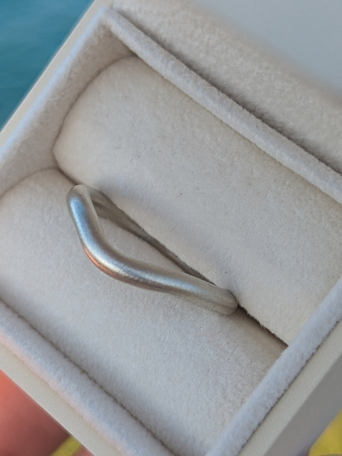 Sterling Silver Wave Ring – Matte Finish in an open ivory jewellery box handmade by Booblinka Jewellery
