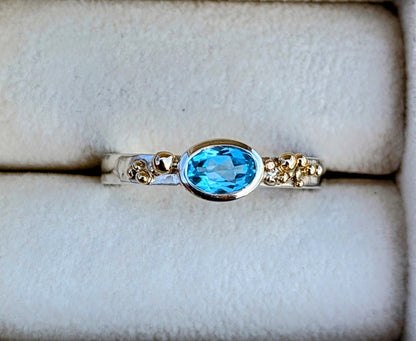 Swiss Blue Topaz Ring with Gold Granules – Handmade in Cornwall, Ocean CollectionRingsBooblinka Jewellery