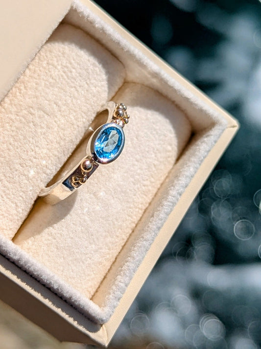 Swiss Blue Topaz Ring with Gold Granules – Handmade in Cornwall, Ocean CollectionRingsBooblinka Jewellery