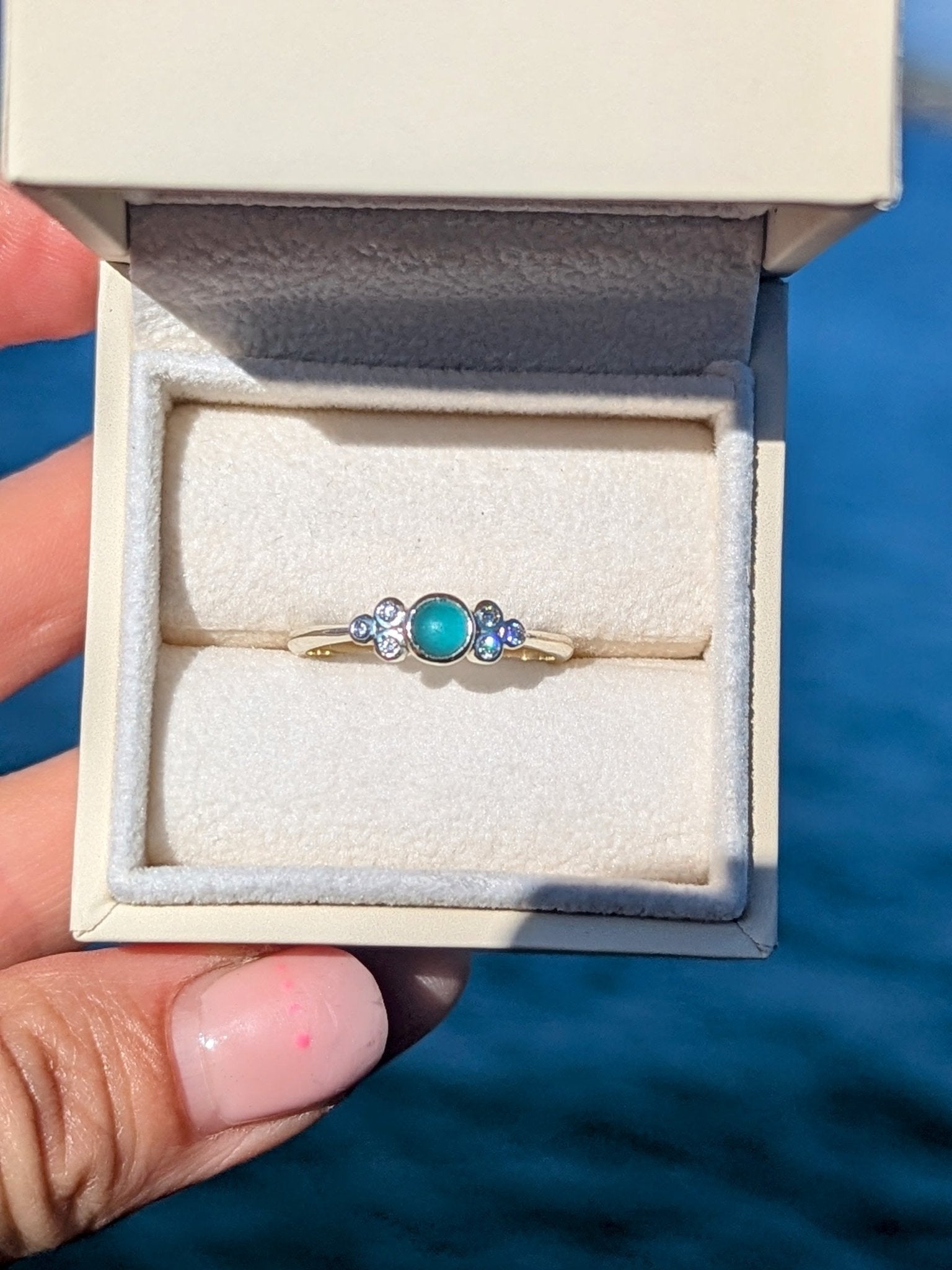 Teal Sea Glass & Diamond Ring in 9ct White Gold – Handcrafted Ocean - Inspired Engagement RingRingsBooblinka Jewellery