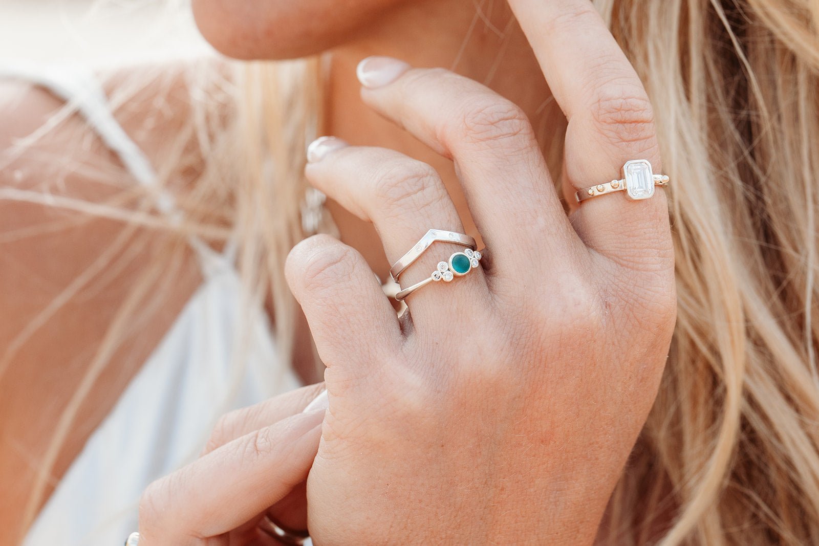 Teal Sea Glass & Diamond Ring in 9ct White Gold – Handcrafted Ocean - Inspired Engagement RingRingsBooblinka Jewellery