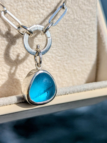 Two - Tone Blue Sea Glass Necklace with Removable Charm and Paperclip Chain in Sterling SilverNecklacesBooblinka Jewellery