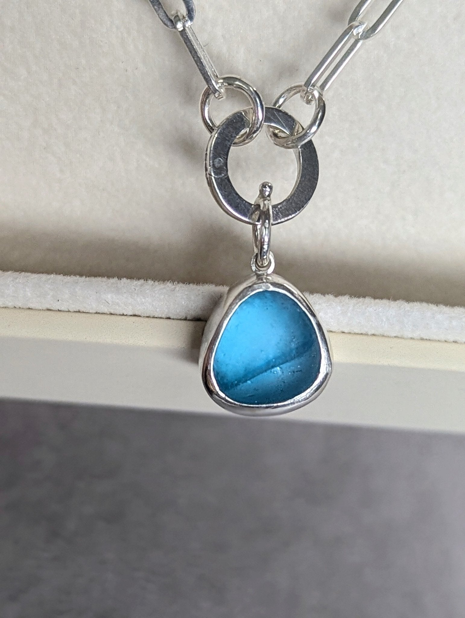 Two - Tone Blue Sea Glass Necklace with Removable Charm and Paperclip Chain in Sterling SilverNecklacesBooblinka Jewellery
