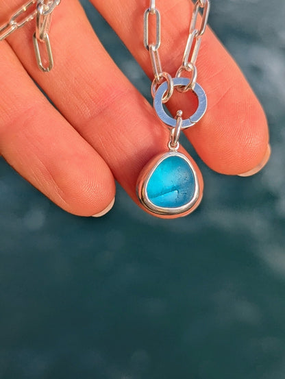Two - Tone Blue Sea Glass Necklace with Removable Charm and Paperclip Chain in Sterling SilverNecklacesBooblinka Jewellery