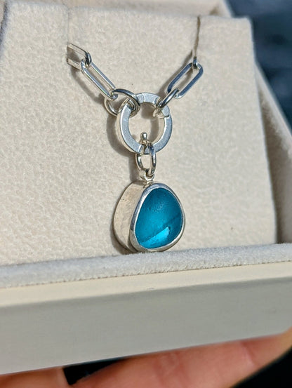 Two - Tone Blue Sea Glass Necklace with Removable Charm and Paperclip Chain in Sterling SilverNecklacesBooblinka Jewellery