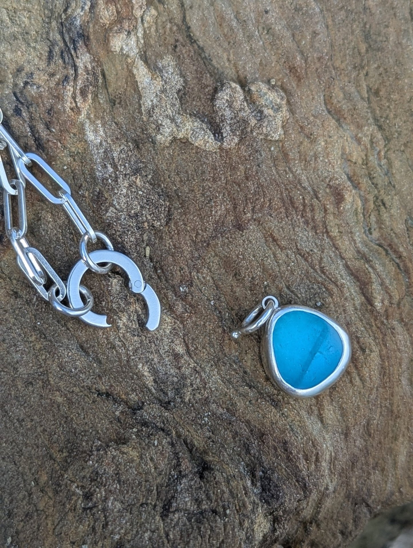 Two - Tone Blue Sea Glass Necklace with Removable Charm and Paperclip Chain in Sterling SilverNecklacesBooblinka Jewellery