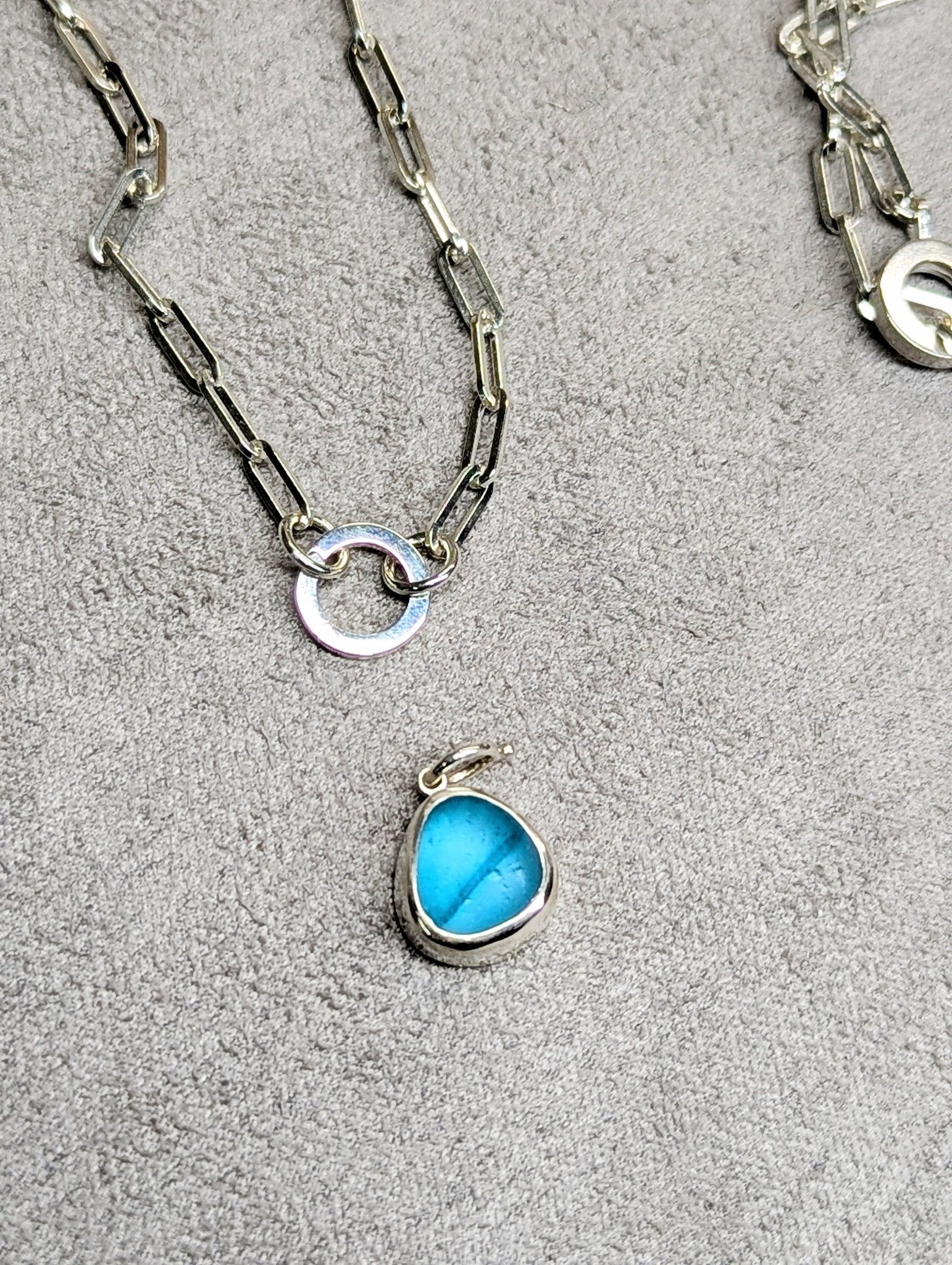 Two - Tone Blue Sea Glass Necklace with Removable Charm and Paperclip Chain in Sterling SilverNecklacesBooblinka Jewellery
