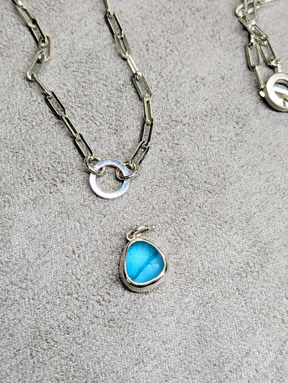 Two - Tone Blue Sea Glass Necklace with Removable Charm and Paperclip Chain in Sterling SilverNecklacesBooblinka Jewellery