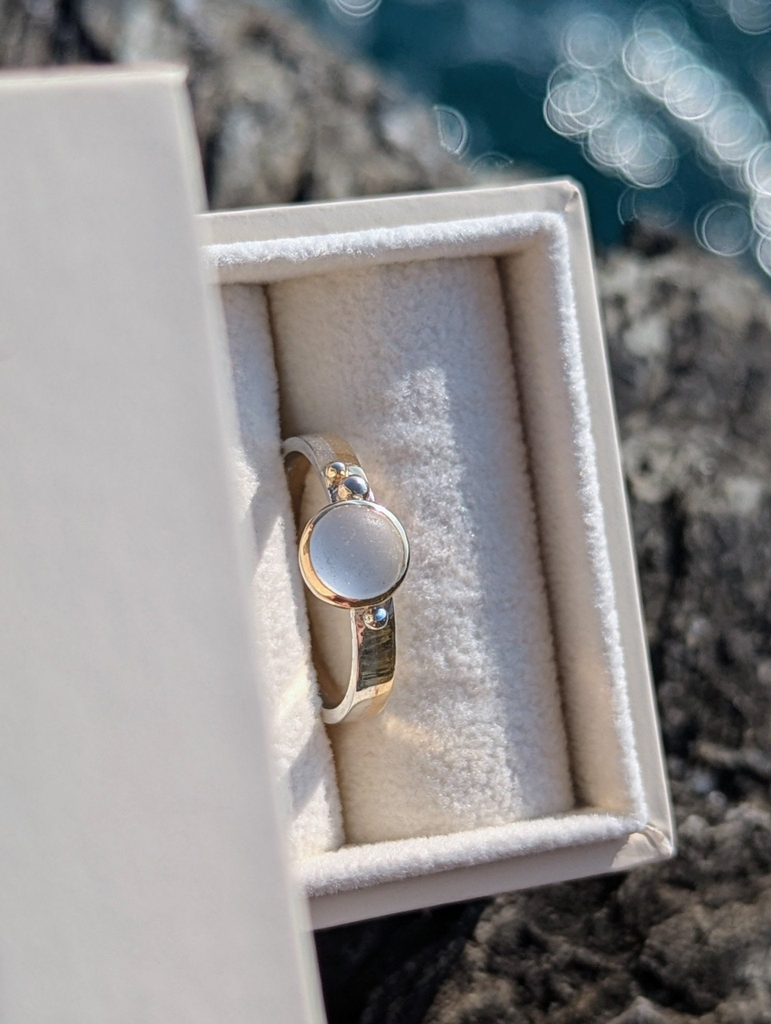 White Sea Glass Ring in Gold and Silver – Handmade in CornwallRingsBooblinka Jewellery
