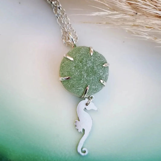 Unique round green sea glass silver necklace with sea horse by Booblinka Jewellery
