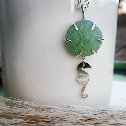 Unique round green sea glass silver necklace with sea horse by Booblinka Jewellery