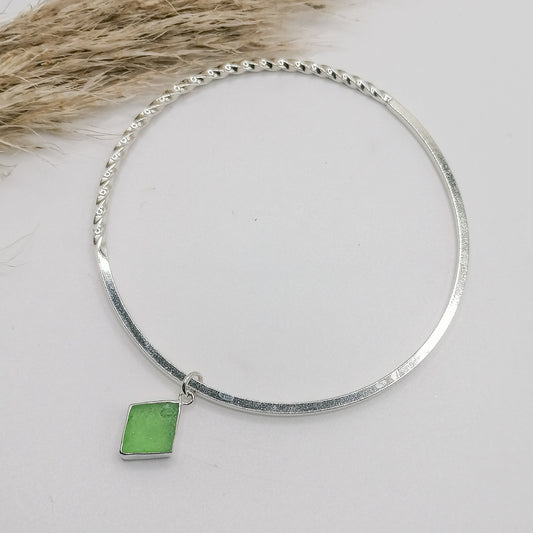 Contemporary Green Sea Glass Half Twisted Silver Bangle Booblinka Jewellery Mothers day gift