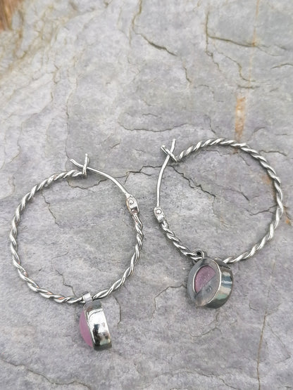 Pink Sea Glass Twisted Hoop Earrings