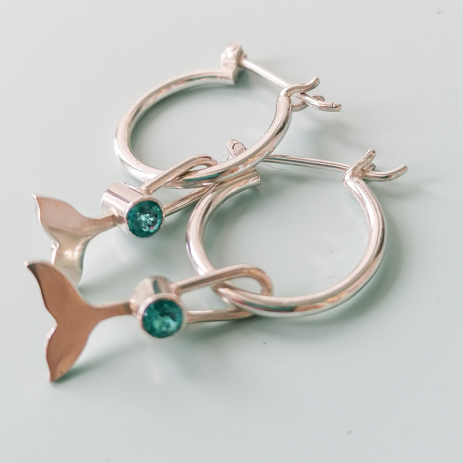 Silver hoop earrings with removable mermaid tails charms with Paraiba quartz by Booblinka Jewellery