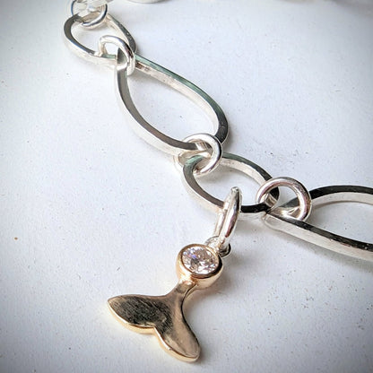 Silver Link Statement Bracelet, Teardrop Link Bracelet, Gold Mermaid Charm, Moissanite Link Bracelet - Booblinka Jewellery