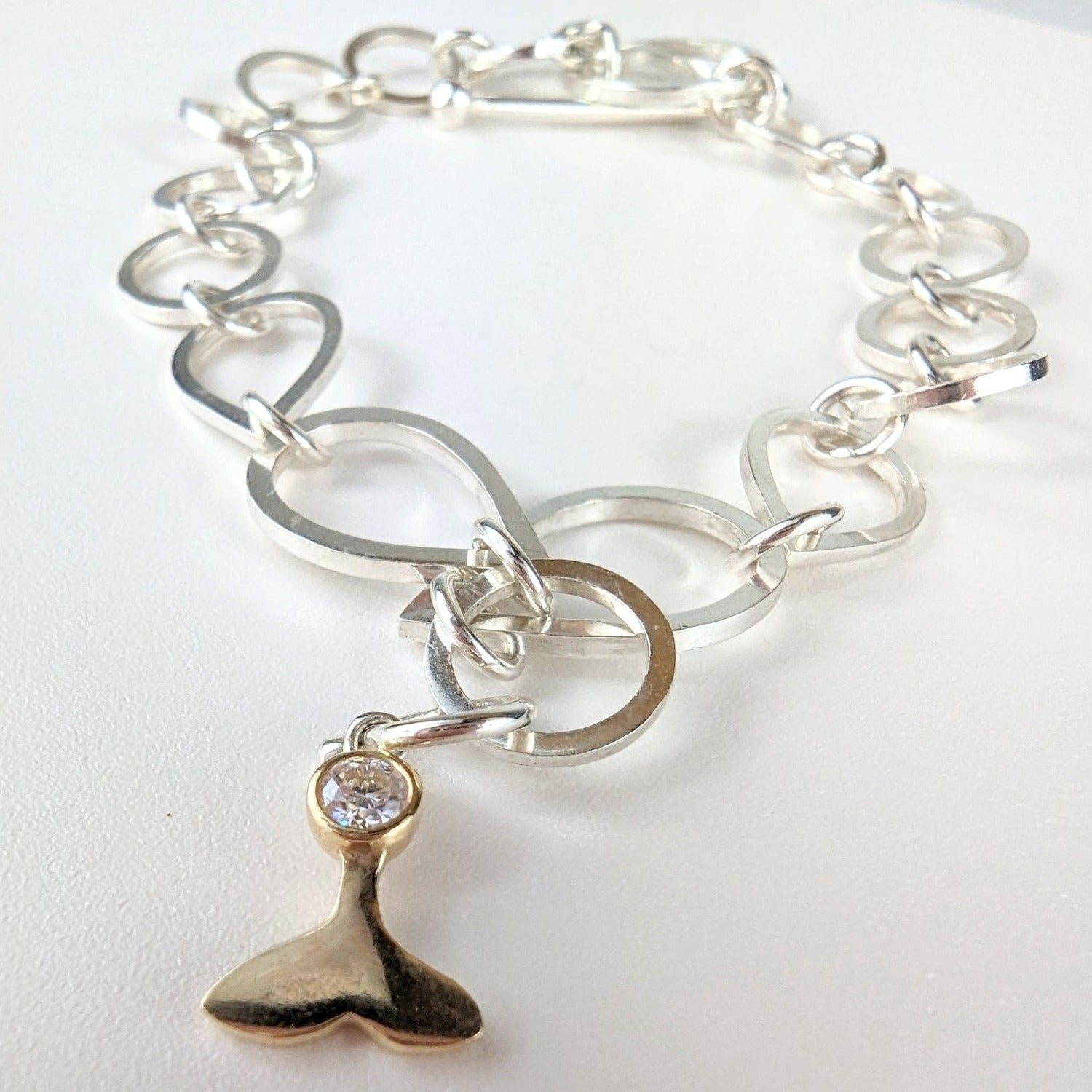 Silver Link Statement Bracelet, Teardrop Link Bracelet, Gold Mermaid Charm, Moissanite Link Bracelet - Booblinka Jewellery