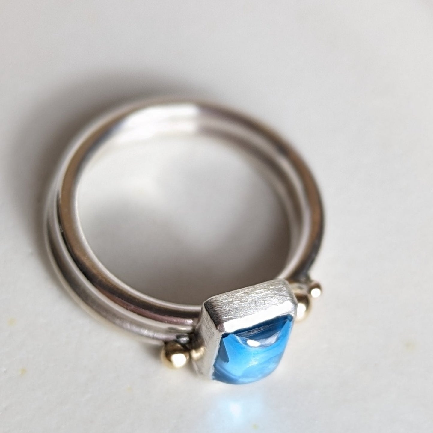 Silver Stacking Engagement Oblong Swiss Blue Topaz and Gold Granules - Ocean Collection - Booblinka Jewellery