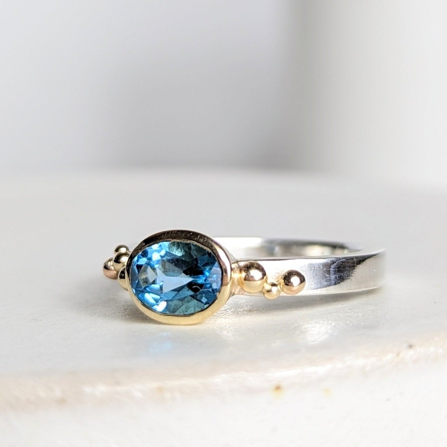Maya Gold and Silver Ring with Swiss Blue Topaz - Ocean collection - Booblinka Jewellery