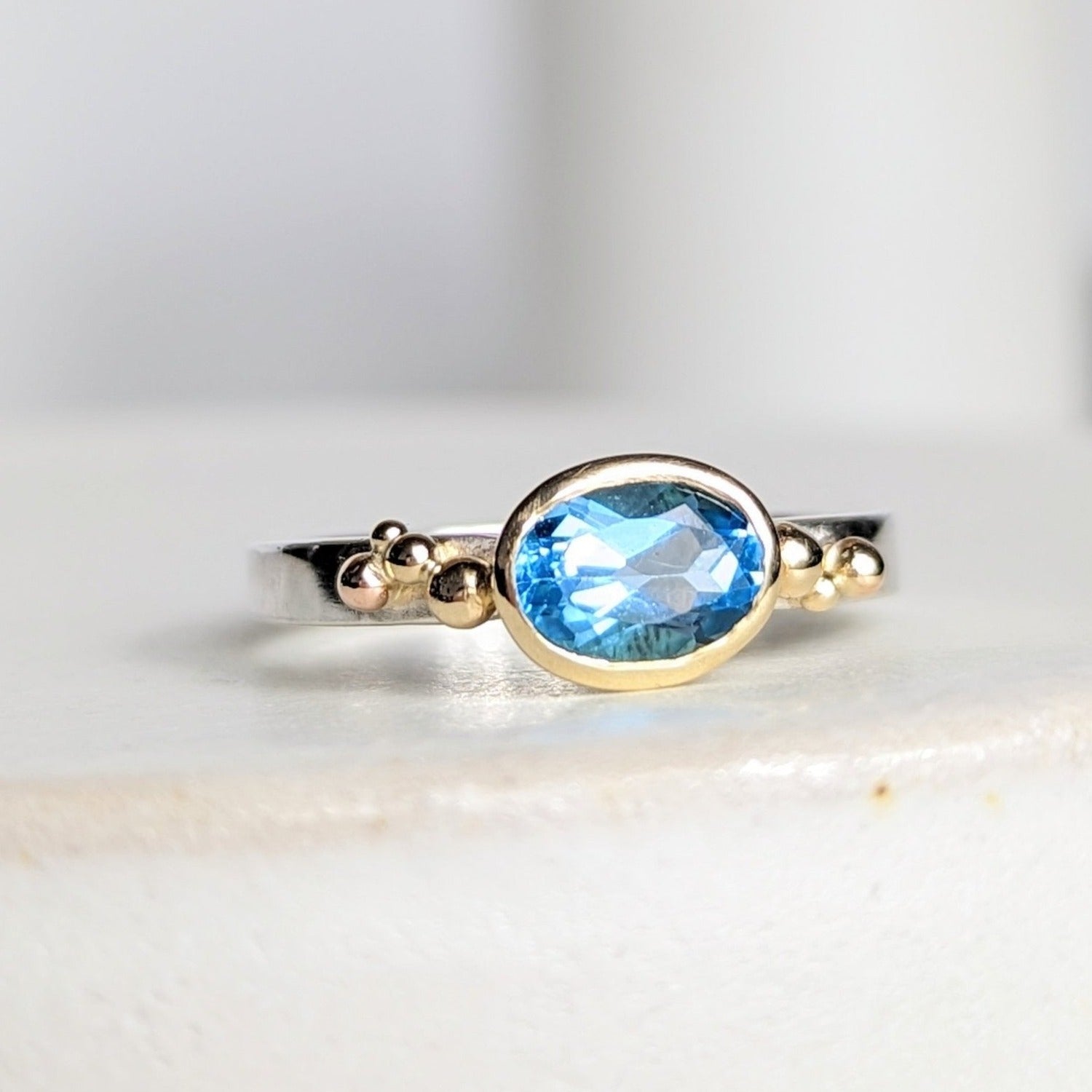 Maya Gold and Silver Ring with Swiss Blue Topaz - Ocean collection - Booblinka Jewellery