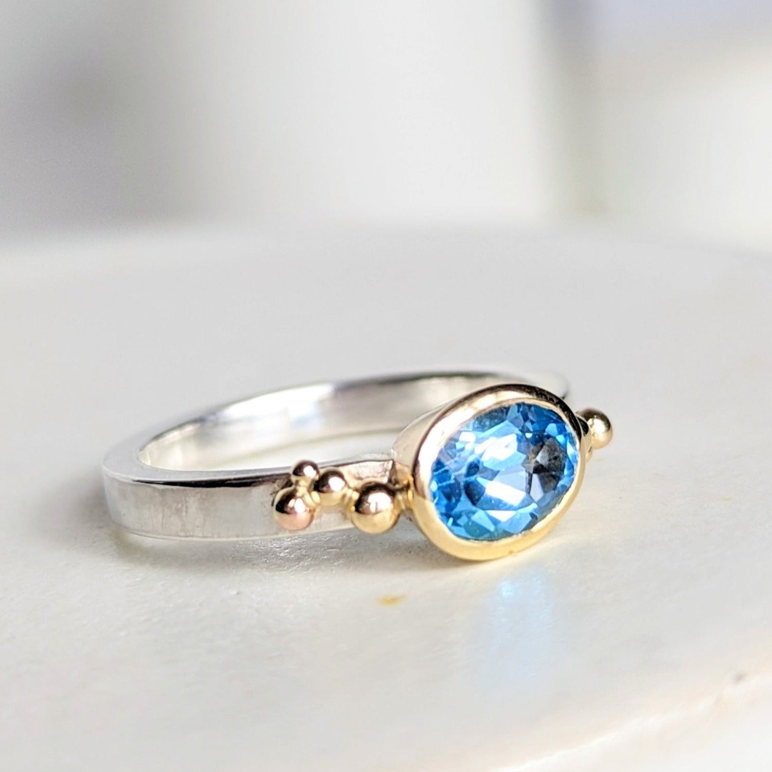 Maya Gold and Silver Ring with Swiss Blue Topaz - Ocean collection - Booblinka Jewellery