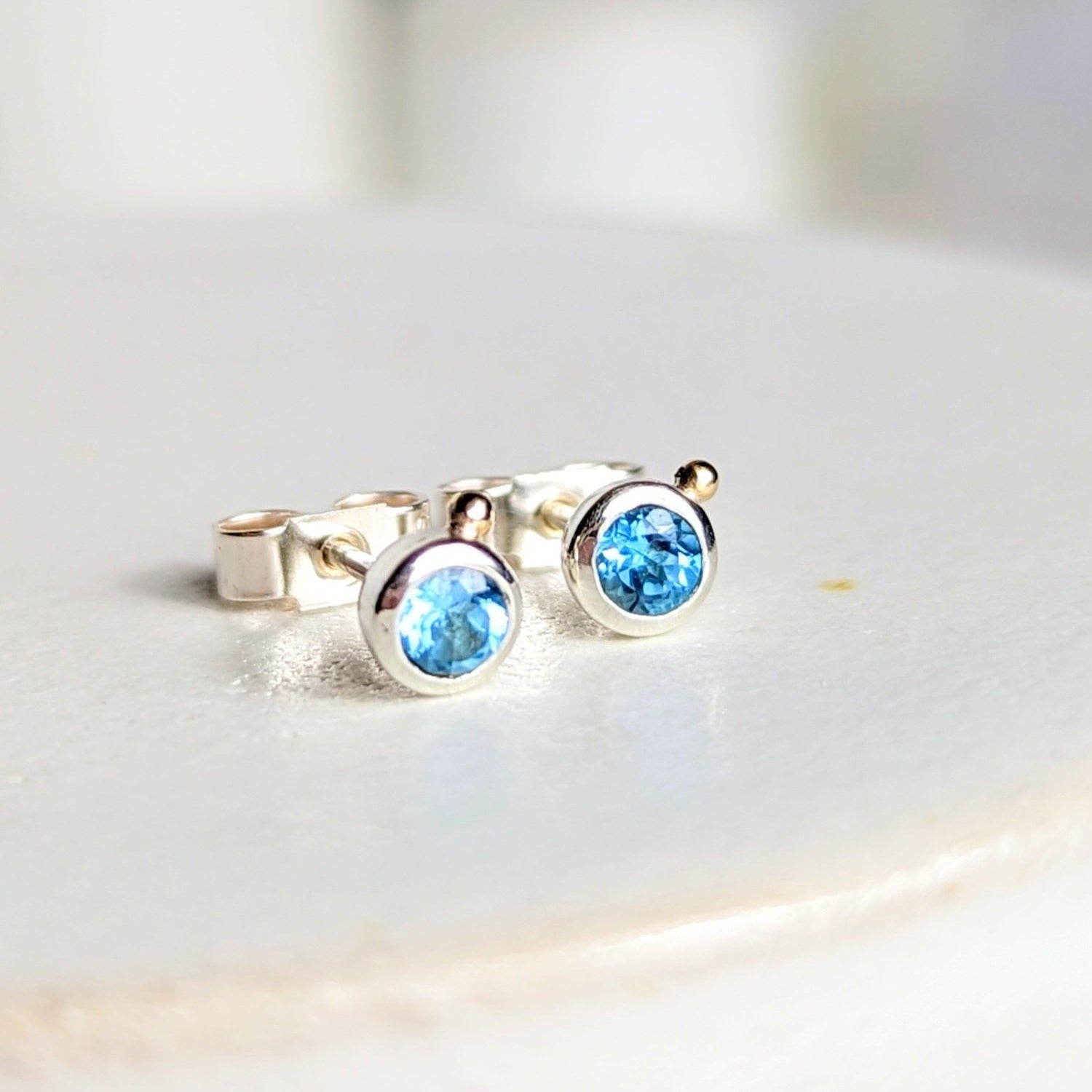Mini Daria Stud Earrings with Swiss Blue Topaz - Ocean Collection - Booblinka Jewellery