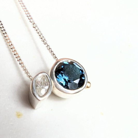 Dainty Silver Aida Necklace with London Blue Topaz and Marquise White Zircon - Ocean Collection - Booblinka Jewellery