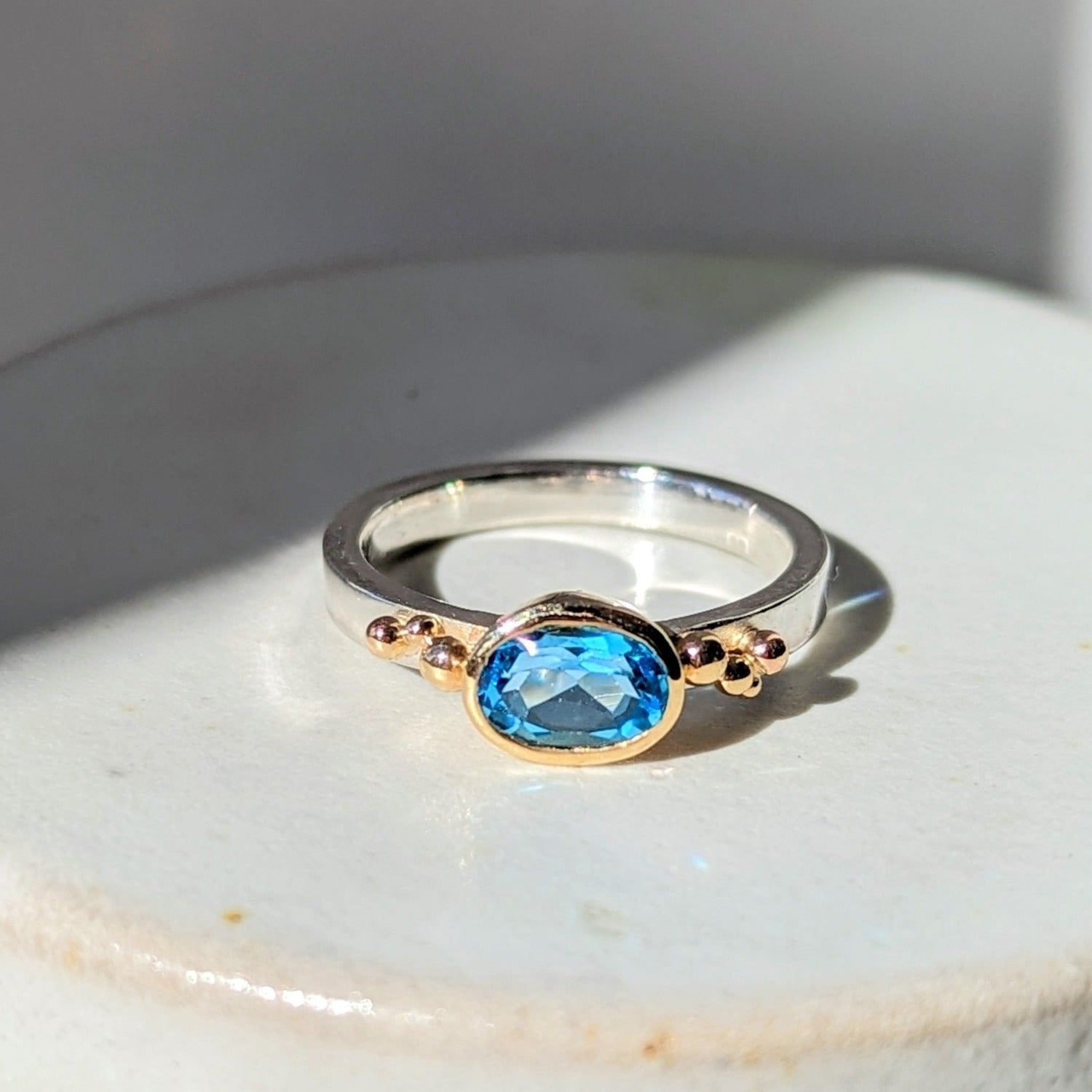 Maya Gold and Silver Ring with Swiss Blue Topaz - Ocean collection - Booblinka Jewellery