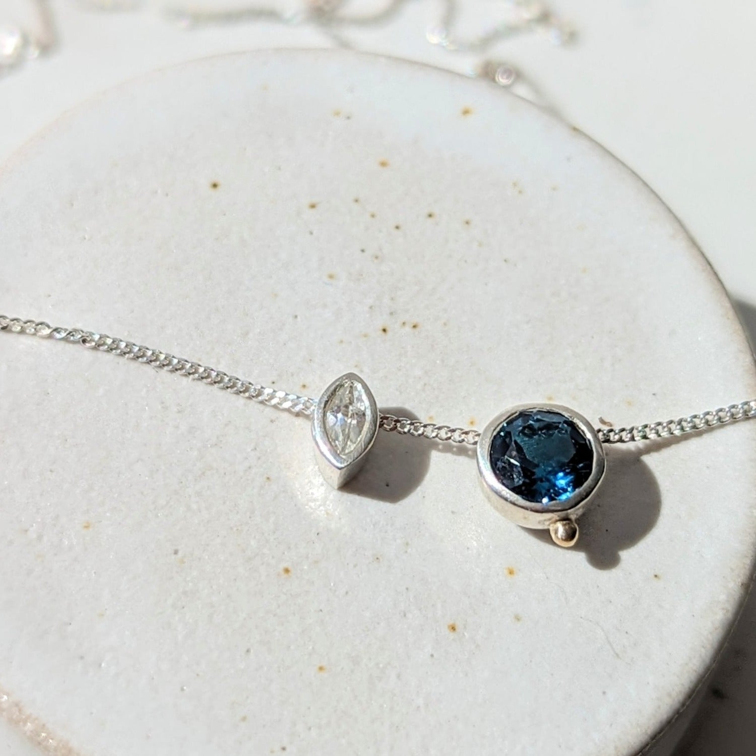 Dainty Silver Aida Necklace with London Blue Topaz and Marquise White Zircon - Ocean Collection - Booblinka Jewellery