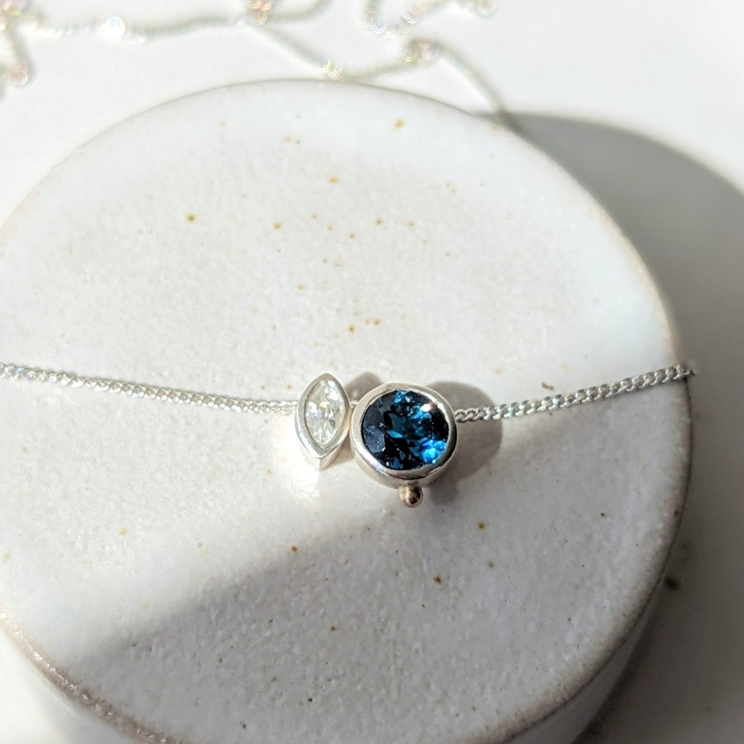 Dainty Silver Aida Necklace with London Blue Topaz and Marquise White Zircon - Ocean Collection - Booblinka Jewellery
