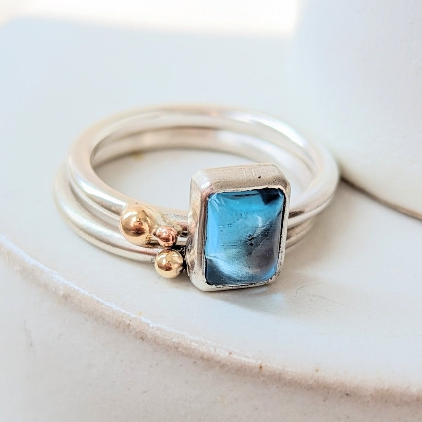 Silver Stacking Engagement Oblong Swiss Blue Topaz and Gold Granules - Ocean Collection - Booblinka Jewellery