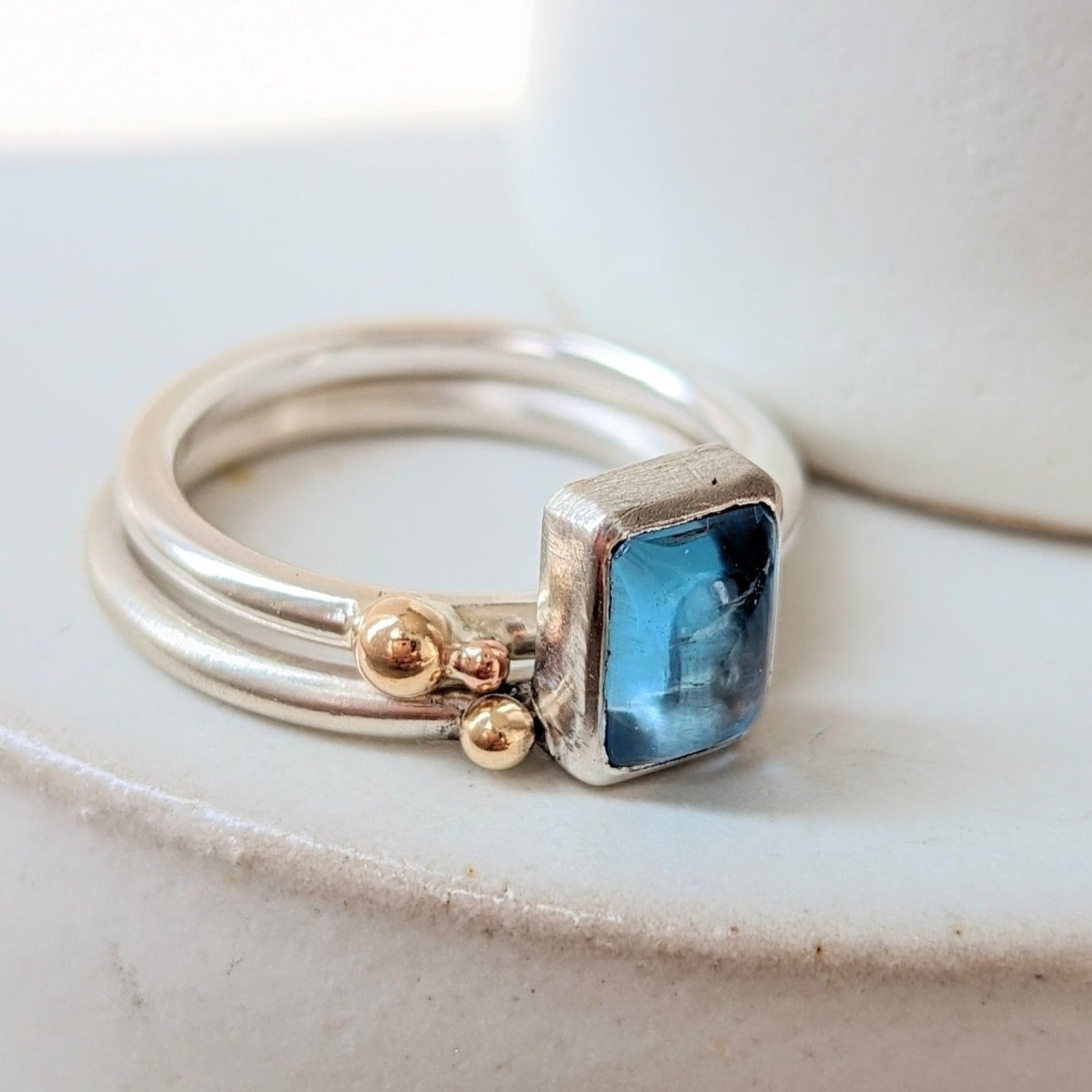 Silver Stacking Engagement Oblong Swiss Blue Topaz and Gold Granules - Ocean Collection - Booblinka Jewellery