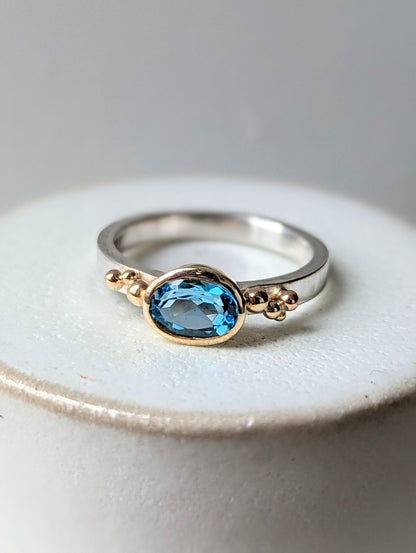 Maya Gold and Silver Ring with Swiss Blue Topaz - Ocean collection - Booblinka Jewellery