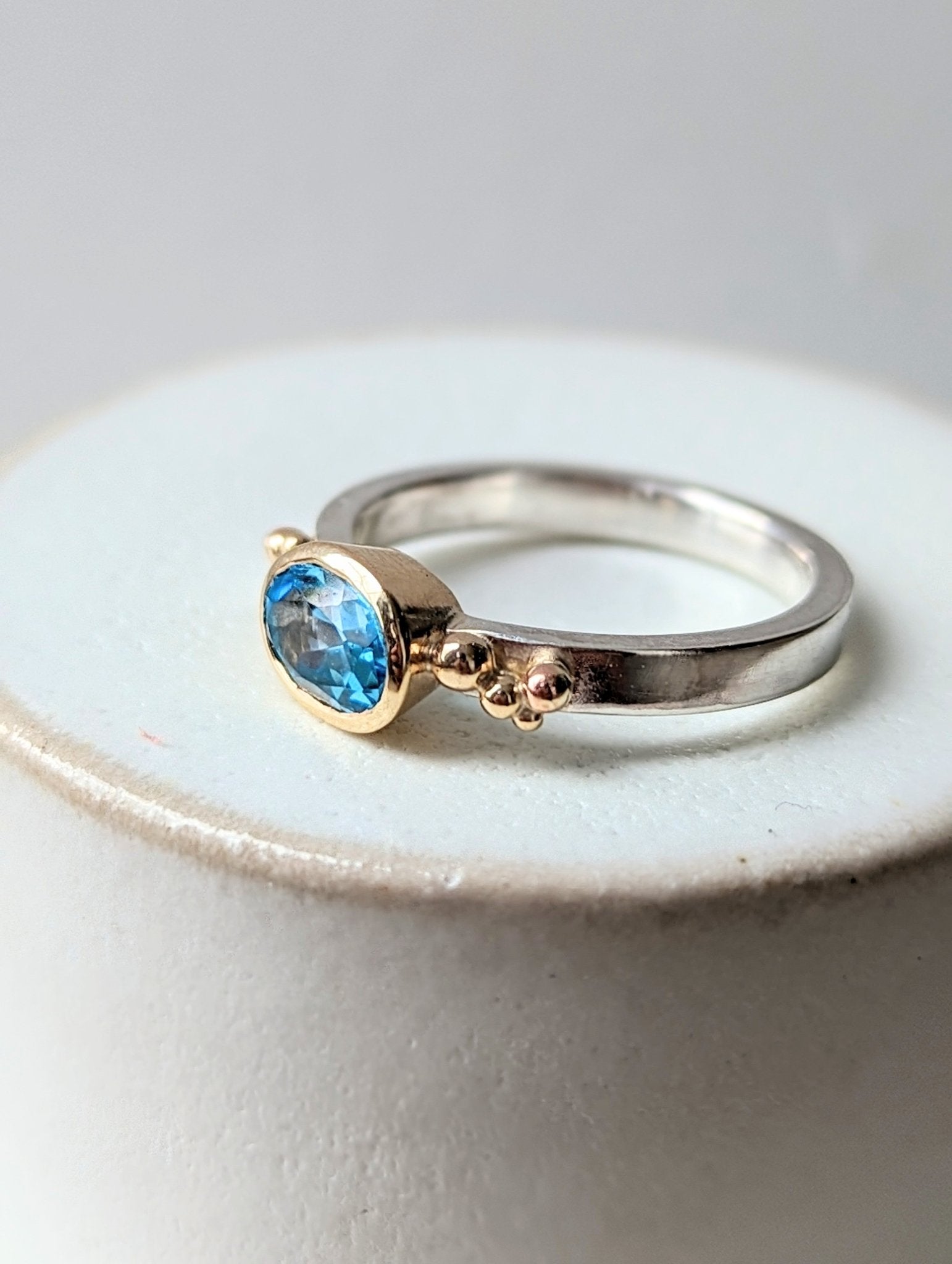 Maya Gold and Silver Ring with Swiss Blue Topaz - Ocean collection - Booblinka Jewellery