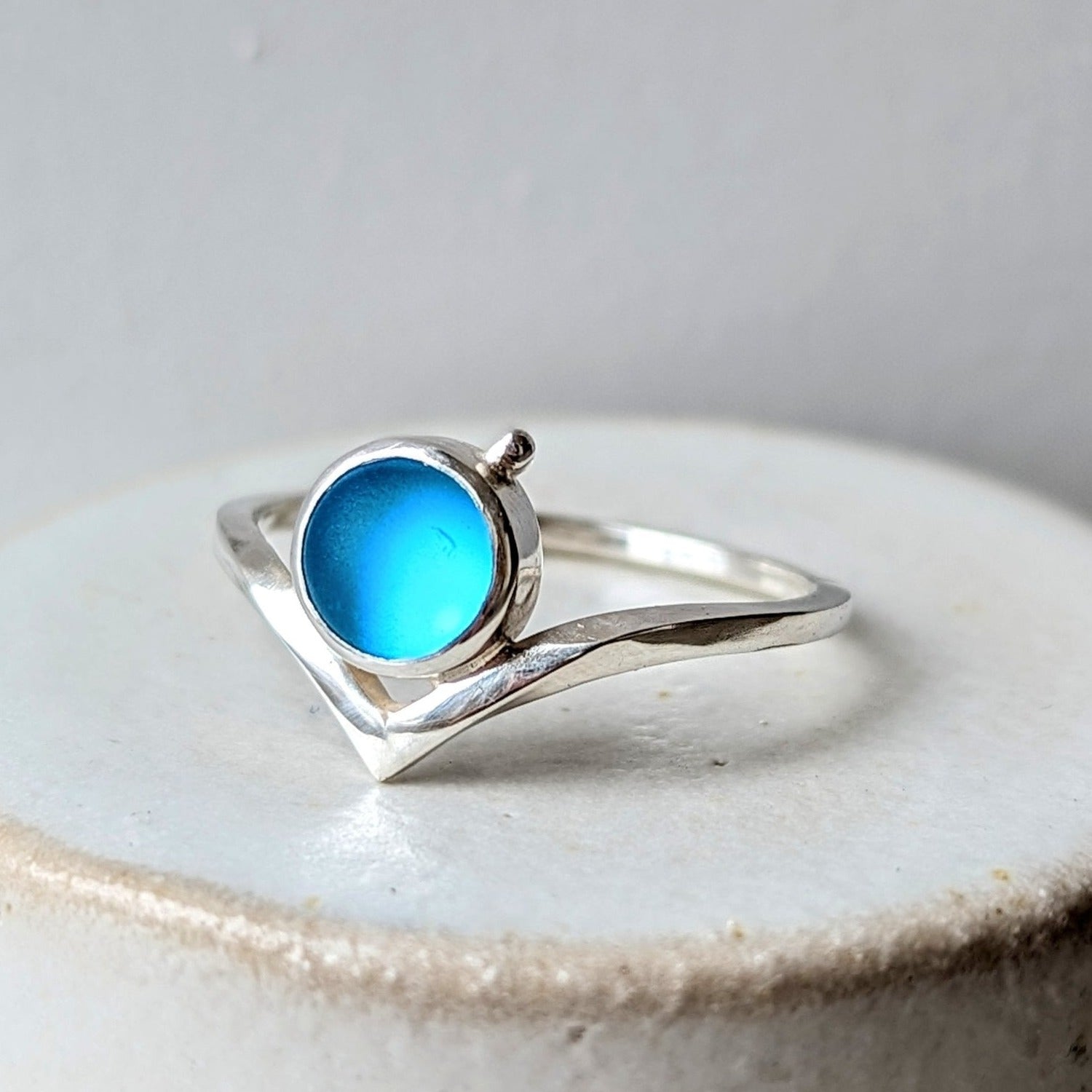 Bright Mesmerising Blue Sea Glass Wishbone Silver Ring - Booblinka Jewellery
